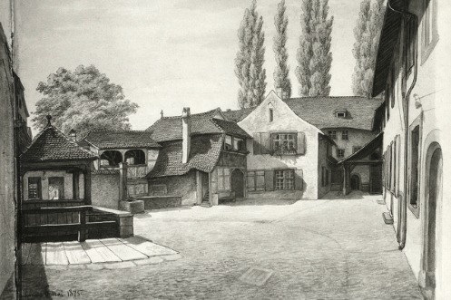 Der Hof des Kleinen Klingentals. Aquarell von Johann Jakob Schneider, datiert 6. Mai 1875. Privatsammlung/Archiv Kantonale Denkmalpflege Basel-Stadt
